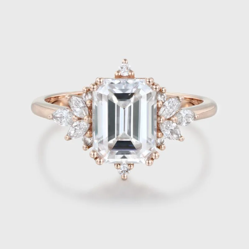 Emerald Cut Moissanite Engagement Ring Vintage Rose Gold Diamond Wedding Bridal Gift For Her