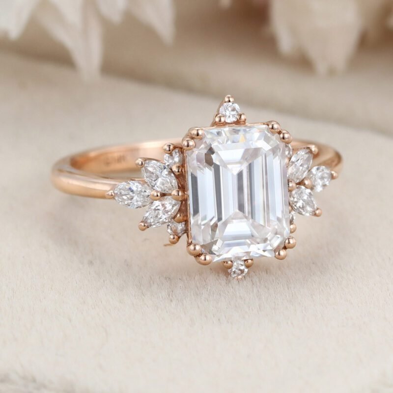 Emerald Cut Moissanite Engagement Ring Vintage Rose Gold Diamond Wedding Bridal Gift For Her