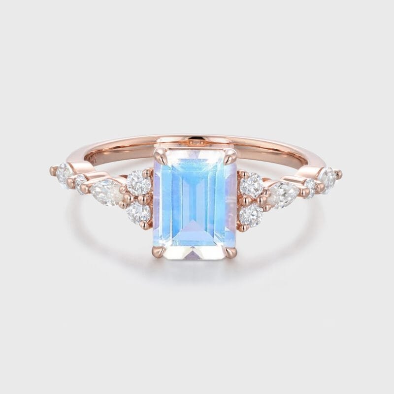 Emerald Cut Moonstone and Diamond Engagement Ring in 14K Solid Gold, Vintage Art Deco Cluster Ring, Promise Gift for Her