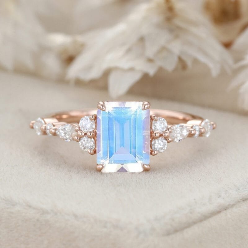 Emerald Cut Moonstone Engagement Ring Vintage 14K Solid Gold Marquise Diamond Cluster Ring Art deco Promise Gift For Her