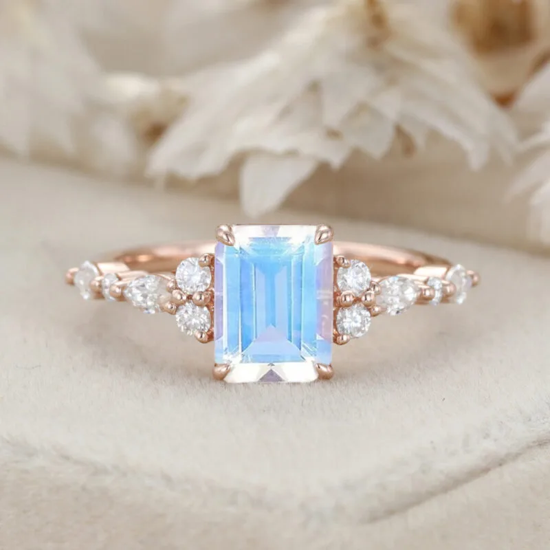 Vintage Art Deco Moonstone Engagement Ring Set Emerald Cut Moonstone Cluster Wedding Ring Set Natural Opal Ring Set shops Anniversary Gift For Her