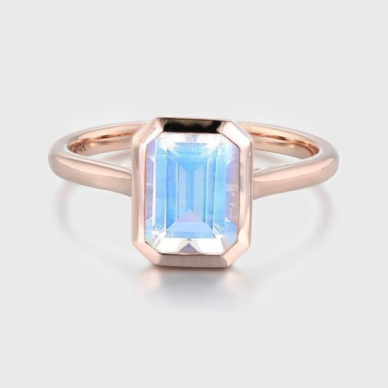 Emerald Cut Natural Moonstone Engagement Ring 14K Rose Gold Bezel Moonstone Ring Solitaire Ring June Birthstone Ring Gift For Women