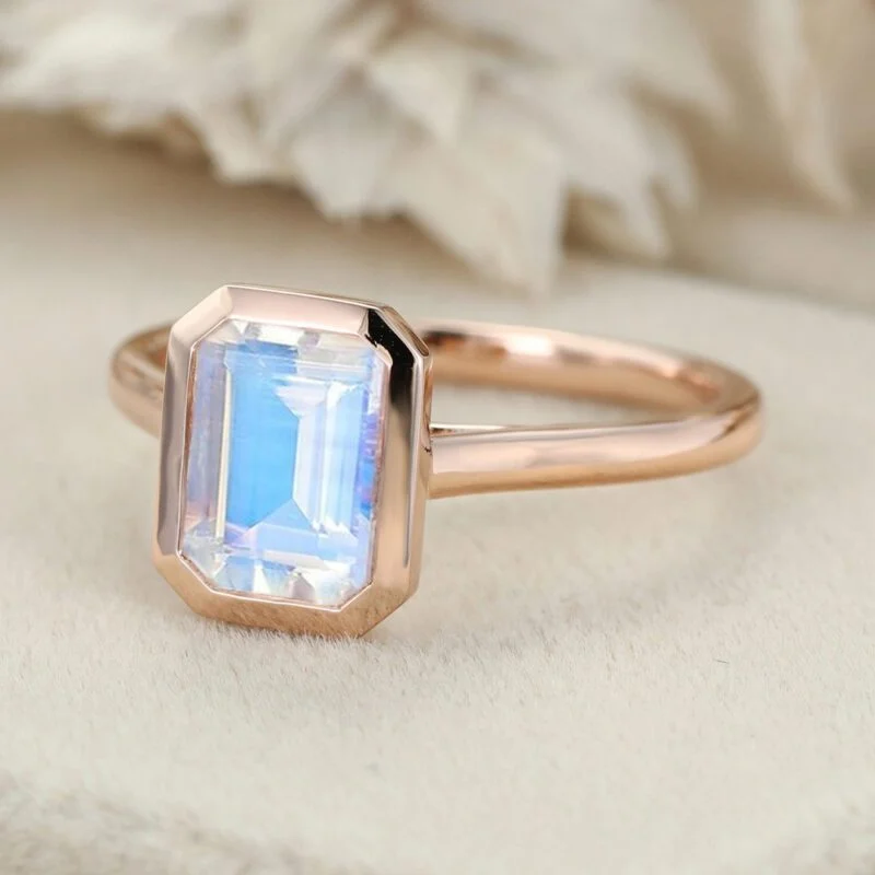 Emerald Cut Natural Moonstone Engagement Ring 14K Rose Gold Bezel Moonstone Ring Solitaire Ring June Birthstone Ring Gift For Women