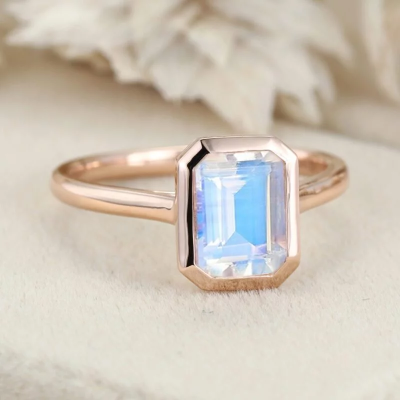 Emerald Cut Natural Moonstone Engagement Ring 14K Rose Gold Bezel Moonstone Ring Solitaire Ring June Birthstone Ring Gift For Women