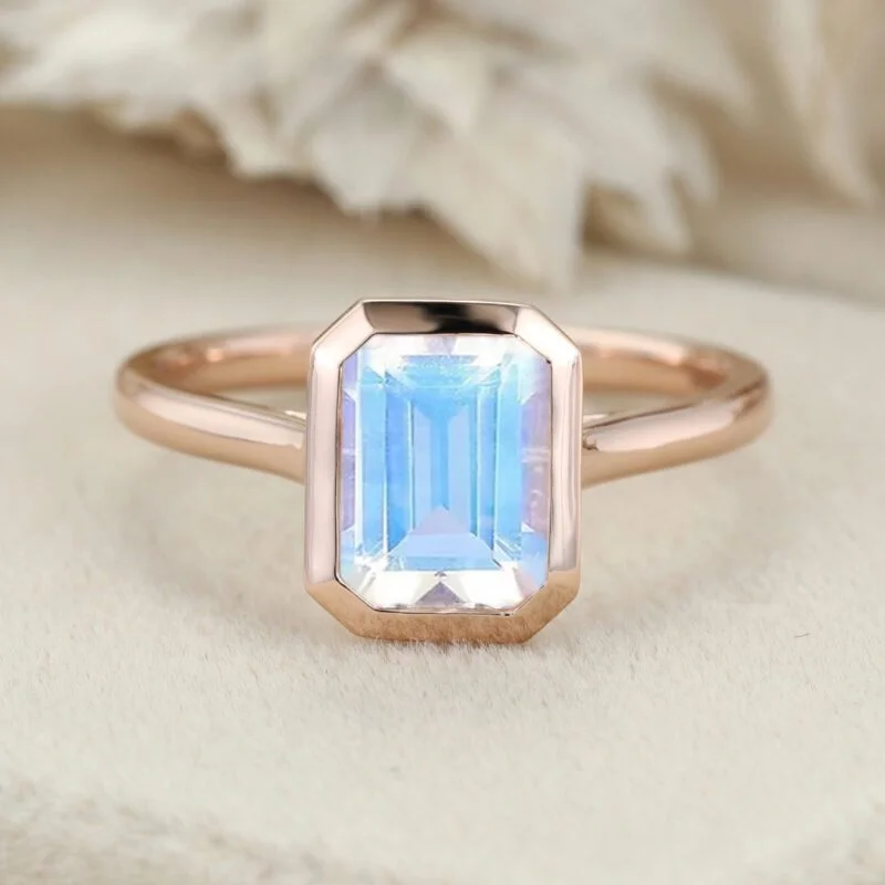 Emerald Cut Natural Moonstone Engagement Ring 14K Rose Gold Bezel Moonstone Ring Solitaire Ring June Birthstone Ring Gift For Women