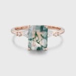 Emerald Cut Natural Moss Agate Engagement Ring in 14K Rose Gold with Kite Cut Diamonds - Unique Art Deco Wedding Anniversary Gift