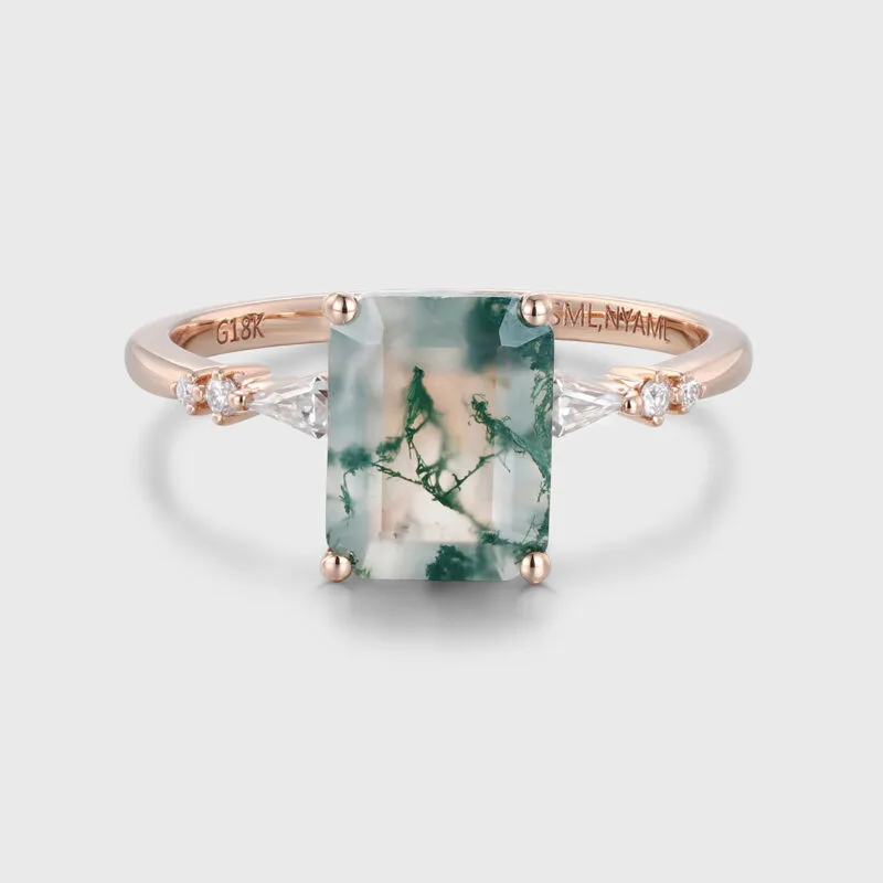 Emerald Cut Natural Moss Agate Engagement Ring 14K Rose Gold Ring Unique Kite Cut Diamond Wedding Ring Art Deco Anniversary Gift