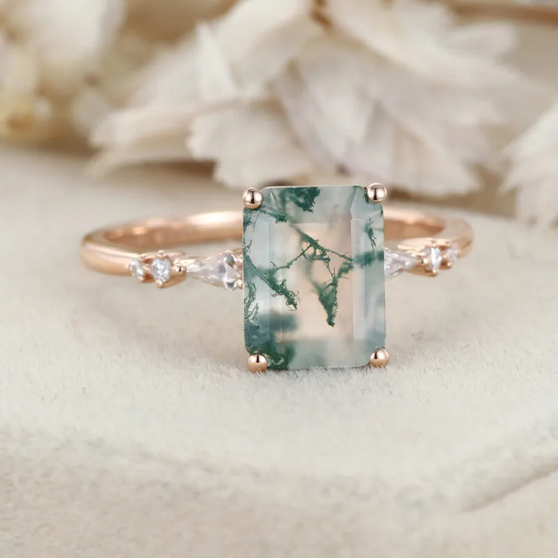 Emerald Cut Natural Moss Agate Engagement Ring 14K Rose Gold Ring Unique Kite Cut Diamond Wedding Ring Art Deco Anniversary Gift