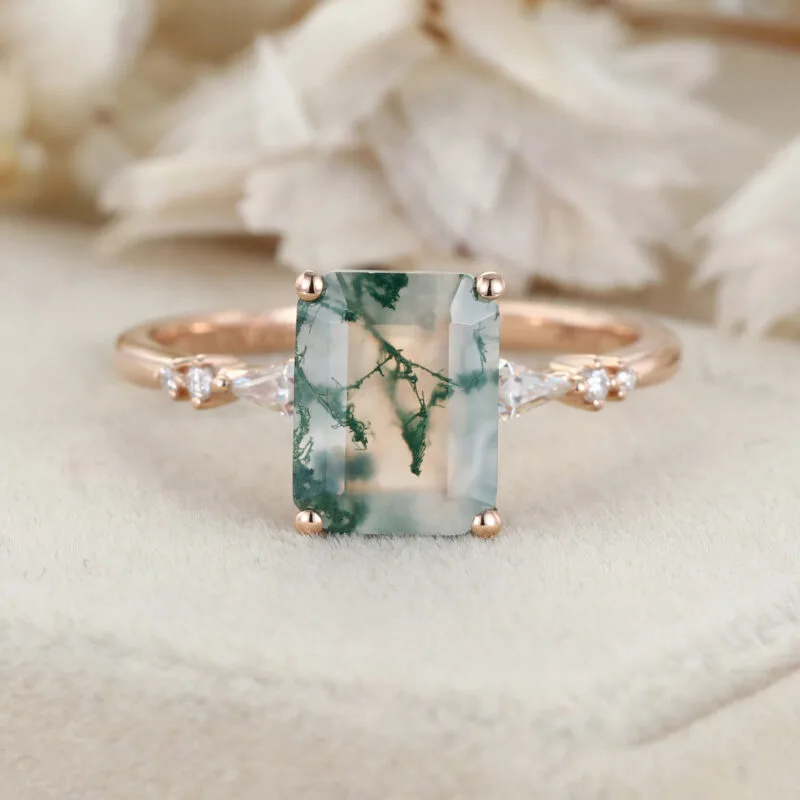 Emerald Cut Natural Moss Agate Engagement Ring 14K Rose Gold Ring Unique Kite Cut Diamond Wedding Ring Art Deco Anniversary Gift