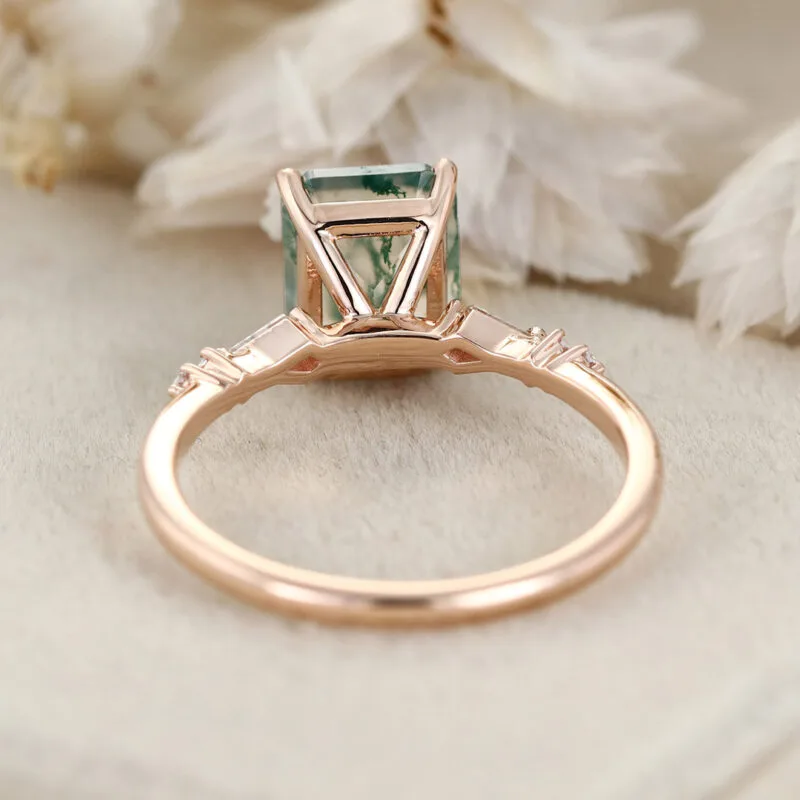 Emerald Cut Natural Moss Agate Engagement Ring 14K Rose Gold Ring Unique Kite Cut Diamond Wedding Ring Art Deco Anniversary Gift