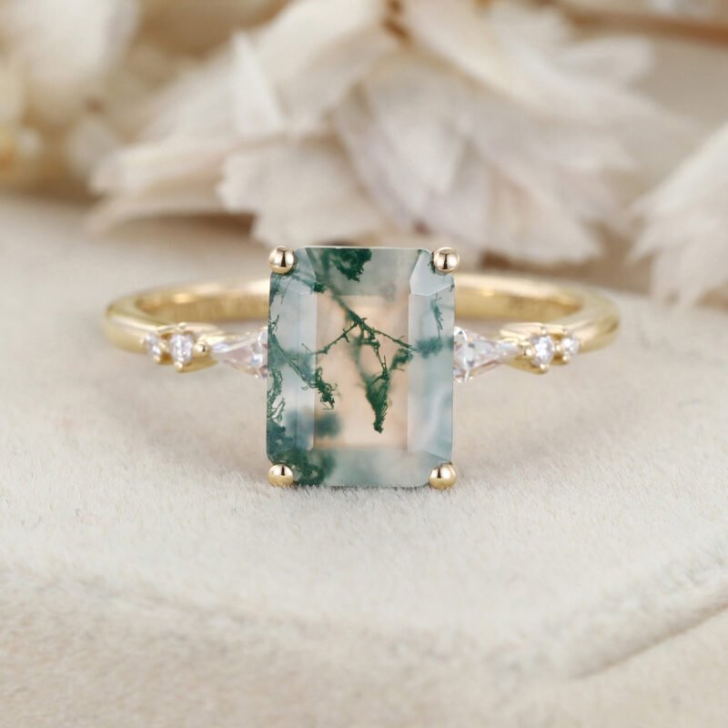 Emerald Cut Natural Moss Agate Engagement Ring 14K Rose Gold Ring Unique Kite Cut Diamond Wedding Ring Art Deco Anniversary Gift