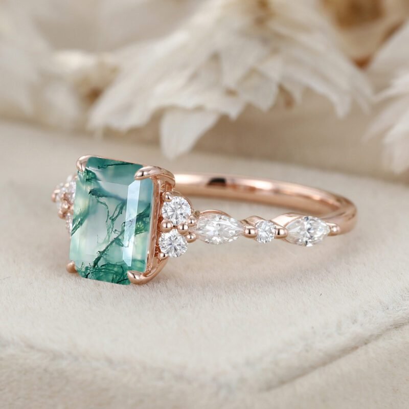 Emerald Cut Natural Moss Agate Engagement Ring Vintage 14K Rose Gold Marquise Diamond Cluster Ring Art deco Promise Gift For Her