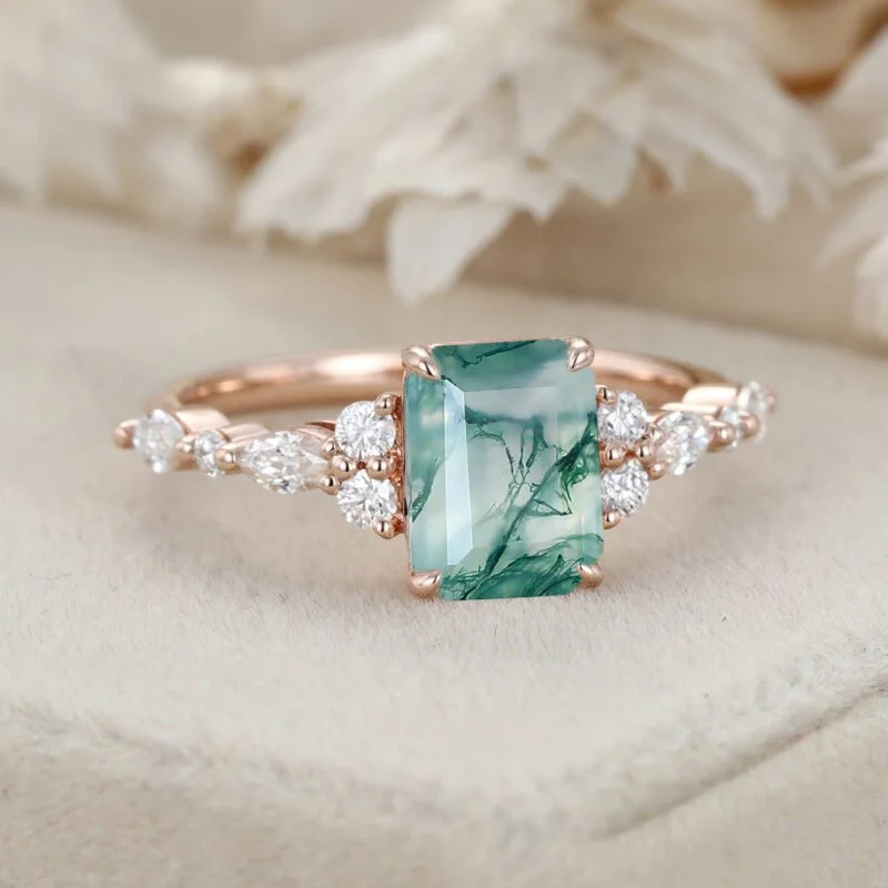 Emerald Cut Natural Moss Agate Engagement Ring Vintage 14K Rose Gold Marquise Diamond Cluster Ring Art deco Promise Gift For Her