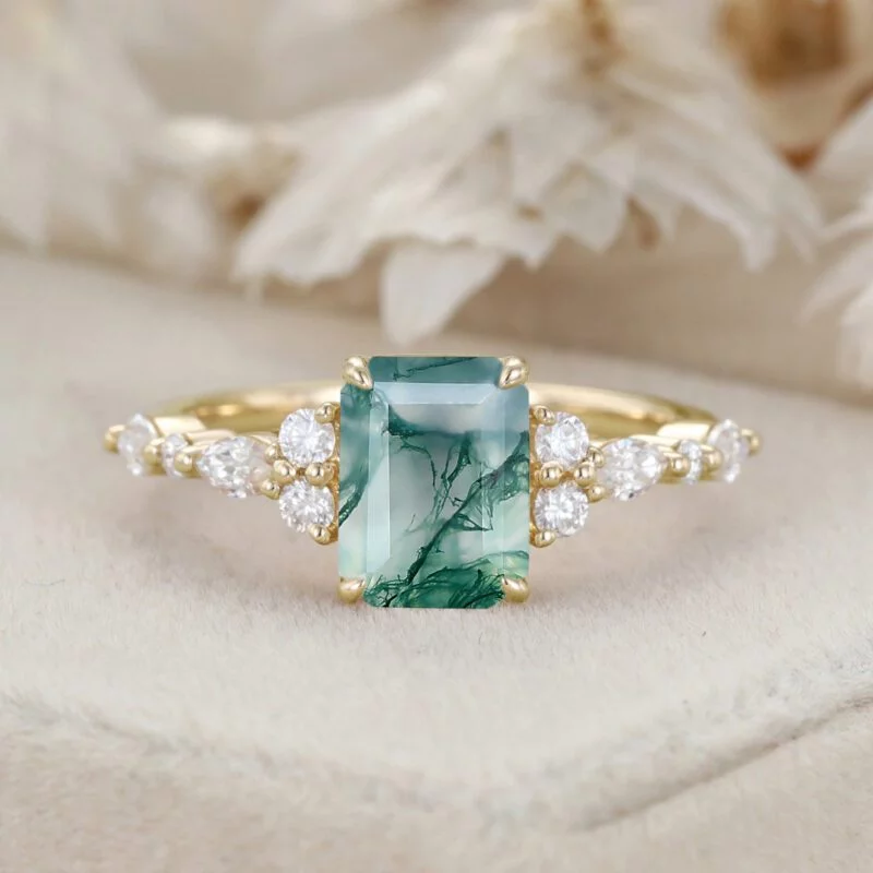 Emerald Cut Natural Moss Agate Engagement Ring Vintage 14K Rose Gold Marquise Diamond Cluster Ring Art deco Promise Gift For Her