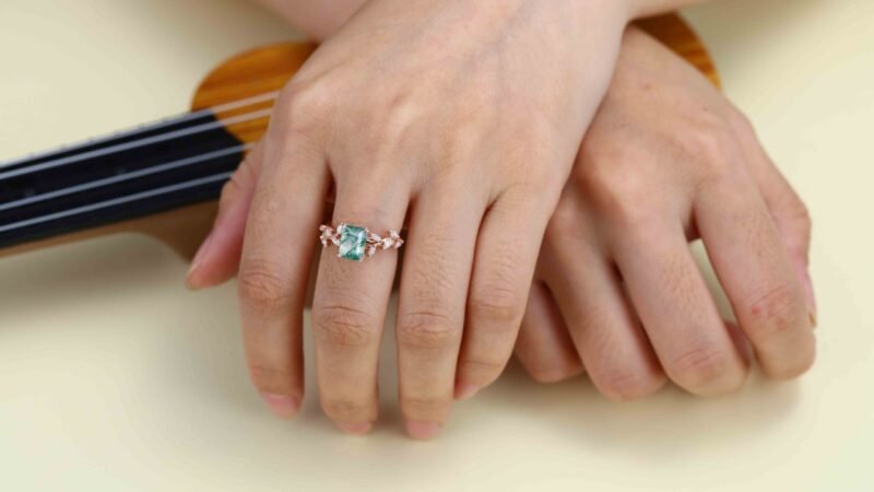 Emerald Cut Nature Inspired Floral Moss Agate Engagement Ring Branch Marquise Moissanite Cluster Ring 14K Solid Gold Ring