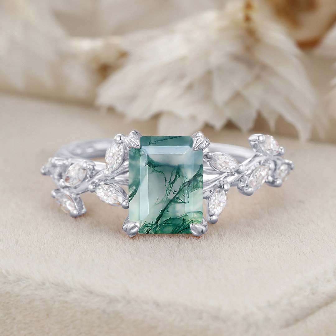 Emerald Cut Nature Inspired Floral Moss Agate Engagement Ring 14K