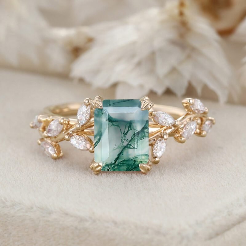 Emerald Cut Nature Inspired Floral Moss Agate Engagement Ring Branch Marquise Moissanite Cluster Ring 14K Solid Gold Ring