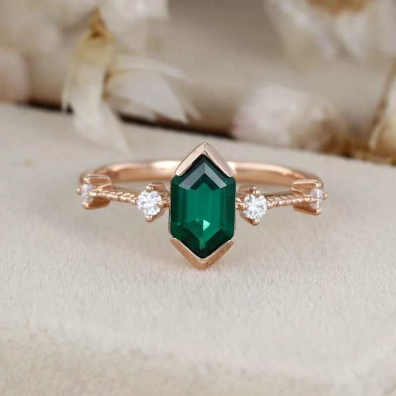 Emerald Engagement Ring Long Hexagon Cut May Birthstone Ring Rose gold ring Unique Art Deco Cluster Wedding Bridal Promise Ring gift