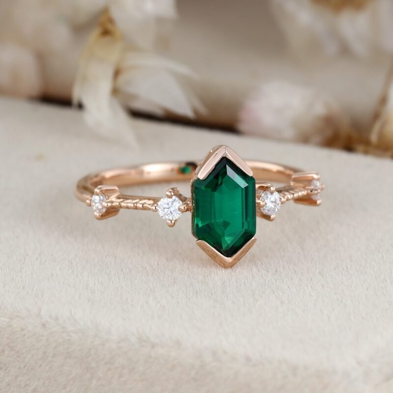 Long Hexagon Cut Half Bezel Emerald Green Ring 10K Rose Gold Birthstone ...