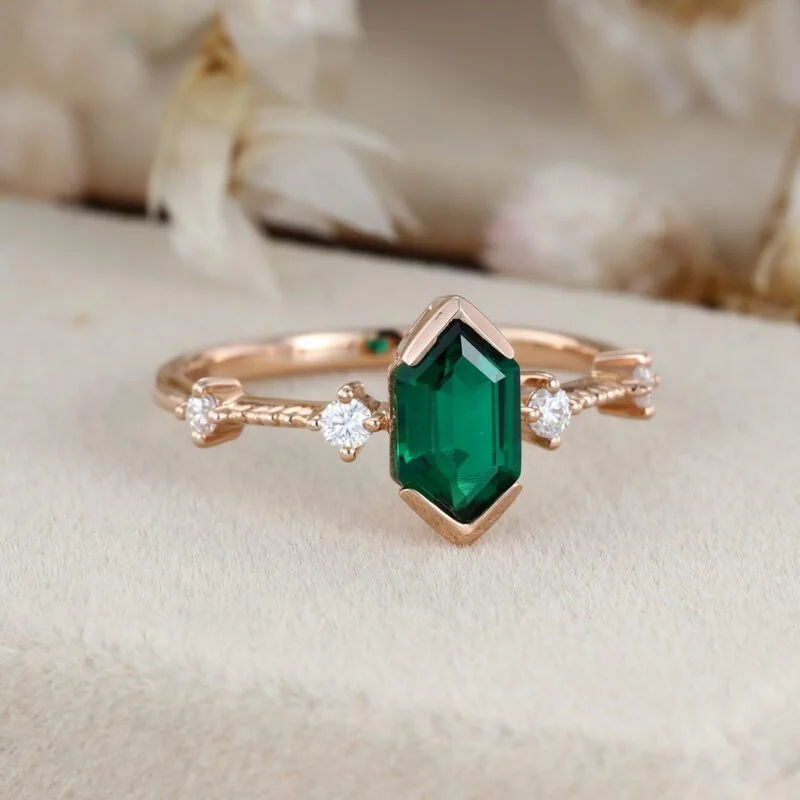 Emerald Engagement Ring Long Hexagon Cut May Birthstone Ring Rose gold ring Unique Art Deco Cluster Wedding Bridal Promise Ring gift