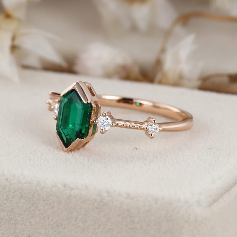 Emerald Engagement Ring Long Hexagon Cut May Birthstone Ring Rose gold ring Unique Art Deco Cluster Wedding Bridal Promise Ring gift