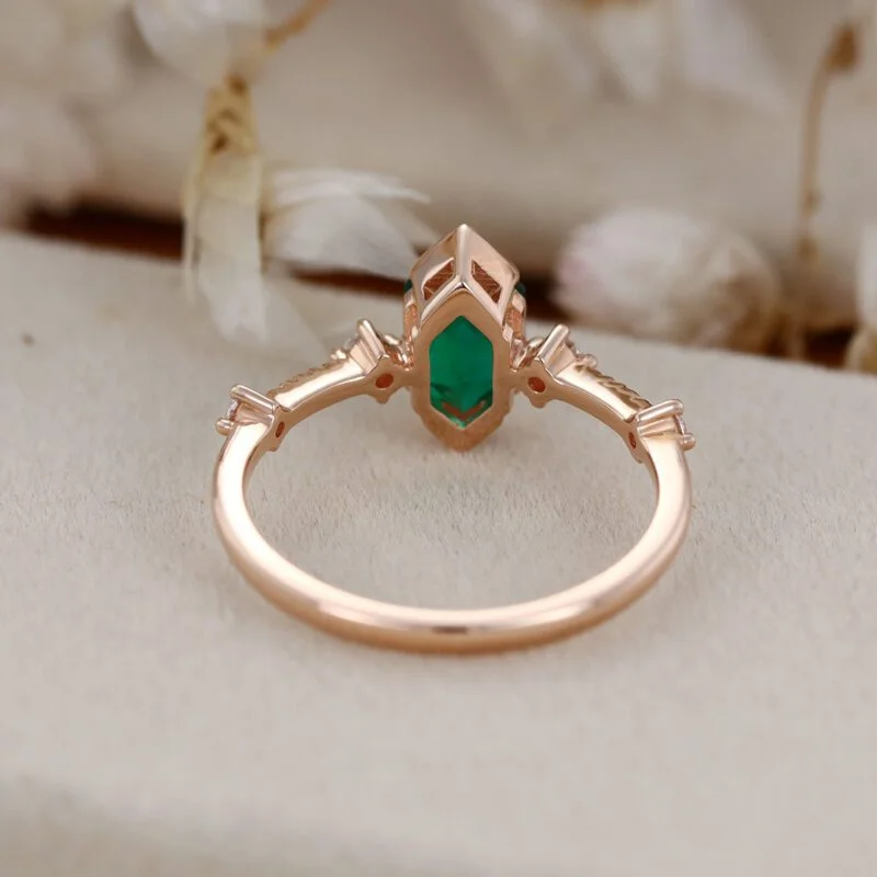 Emerald Engagement Ring Long Hexagon Cut May Birthstone Ring Rose gold ring Unique Art Deco Cluster Wedding Bridal Promise Ring gift