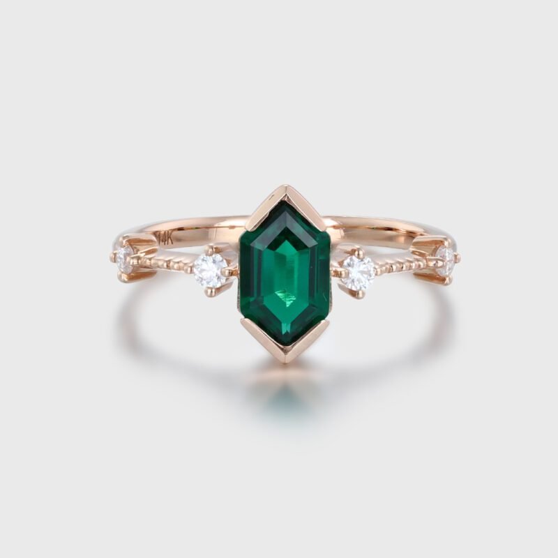 Emerald Engagement Ring Long Hexagon Cut May Birthstone Ring Rose gold ring Unique Art Deco Cluster Wedding Bridal Promise Ring gift