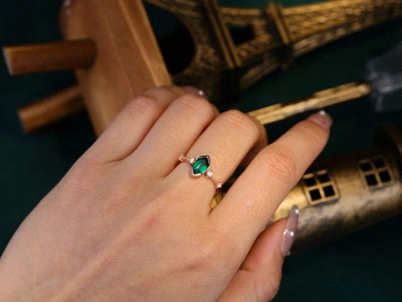 Emerald Engagement Ring Long Hexagon Cut May Birthstone Ring Rose gold ring Unique Art Deco Cluster Wedding Bridal Promise Ring gift