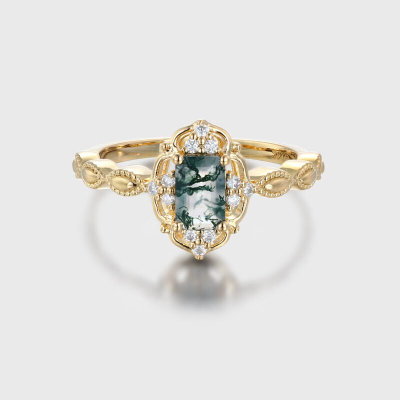 Emerald Moss Agate Engagement Ring Rose Gold Vintage Engagement Ring Green Moss Agate Ring Vintage Diamond Cluster Ring Gift