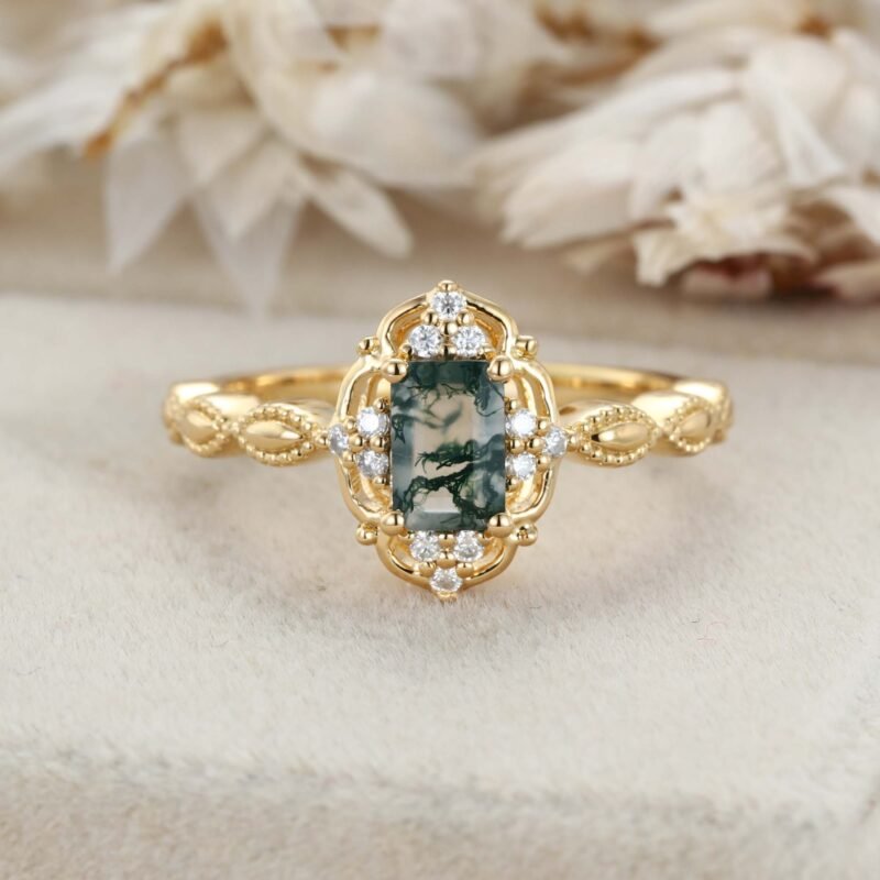 Emerald Moss Agate Engagement Ring Rose Gold Vintage Engagement Ring Green Moss Agate Ring Vintage Diamond Cluster Ring Gift