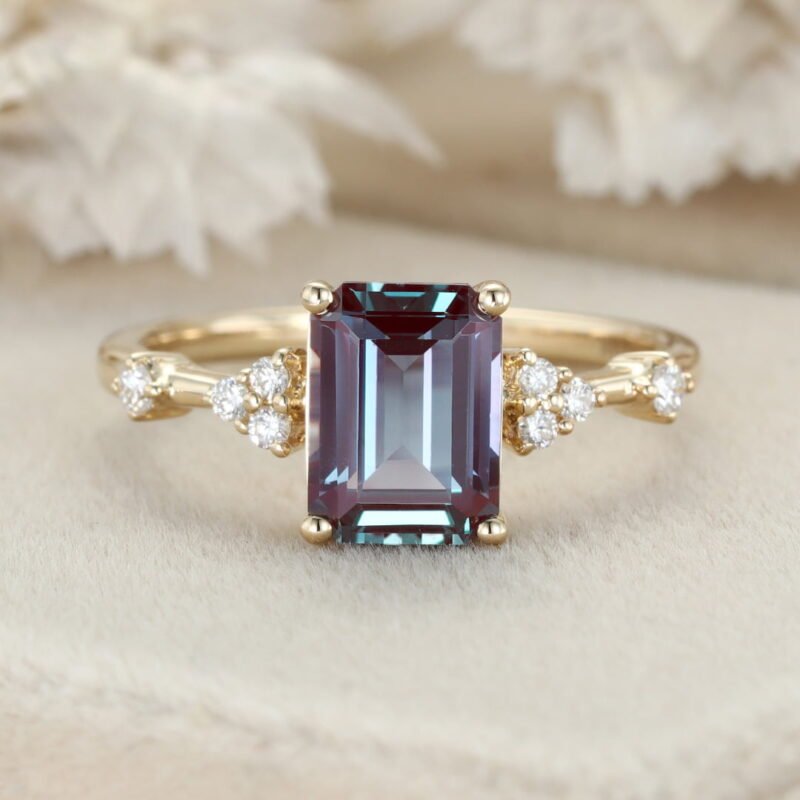 Emerald cut Alexandrite engagement ring Vintage Yellow gold engagement ring Round Diamond cluster ring Art deco Promise Anniversary ring