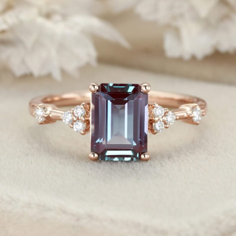 Emerald cut Alexandrite engagement ring Vintage Yellow gold engagement ring Round Diamond cluster ring Art deco Promise Anniversary ring