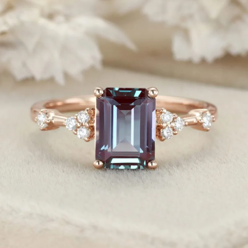 Emerald cut Alexandrite engagement ring Vintage Yellow gold engagement ring Round Diamond cluster ring Art deco Promise Anniversary ring