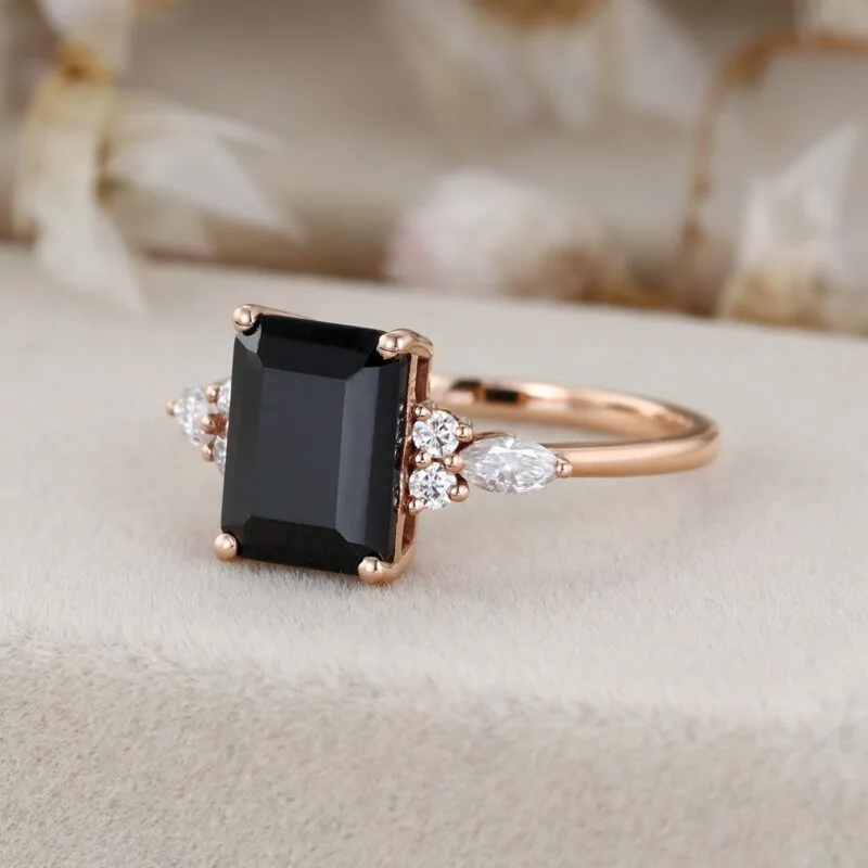 Emerald cut Black onyx engagement ring women unique rose gold moissanite engagement ring Vintage marquise cluster diamond ring bridal gift