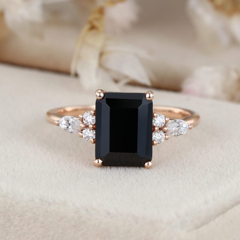 Emerald cut Black onyx engagement ring women unique rose gold moissanite engagement ring Vintage marquise cluster diamond ring bridal gift