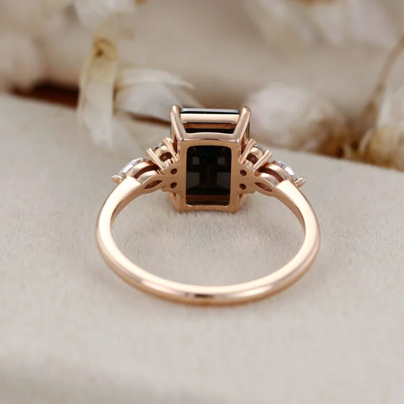 Emerald cut Black onyx engagement ring women unique rose gold moissanite engagement ring Vintage marquise cluster diamond ring bridal gift