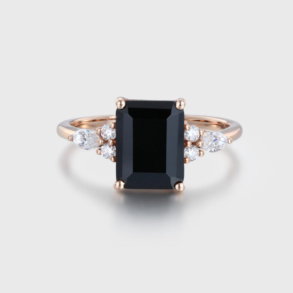 3 Carat Emerald Cut Black Onyx And Moissanite Cluster Ring In 14k Rose Gold Oveela Jewelry 9649