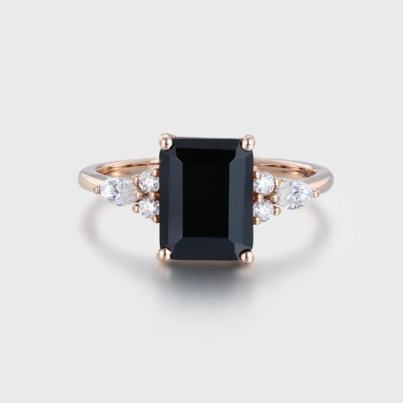  9x7mm Emerald Cut Black Onyx Cluster Ring in 14K Rose Gold