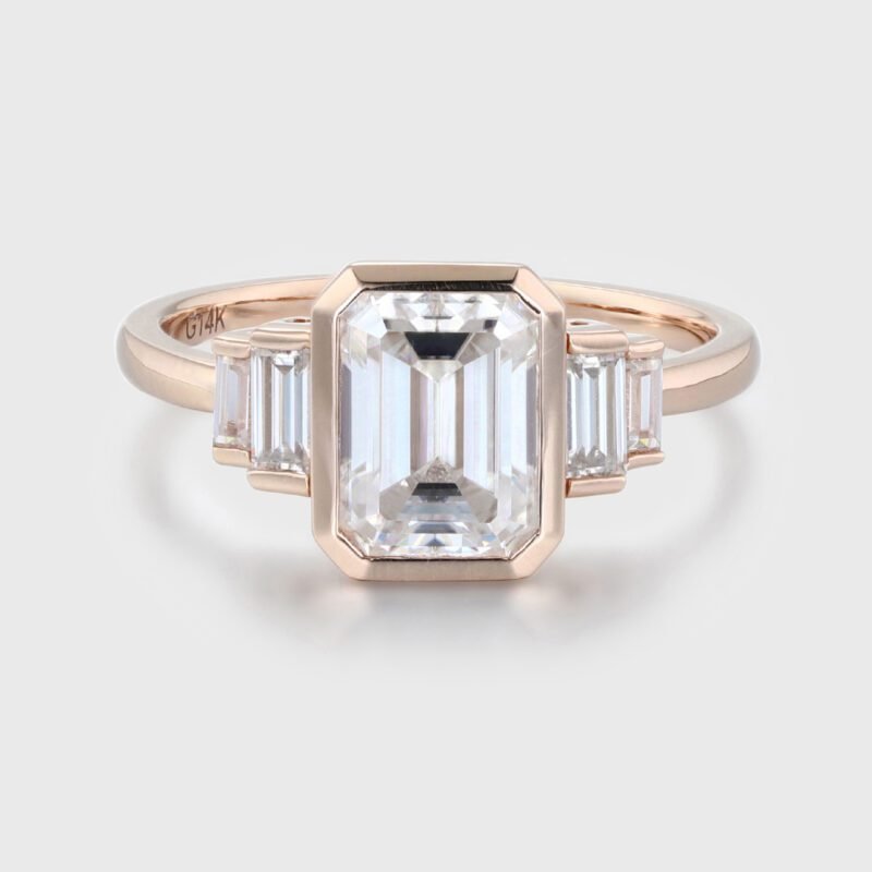 Bezel Set Art Deco 2.0ct Emerald Cut Moissanite Ring In 14K Rose Gold