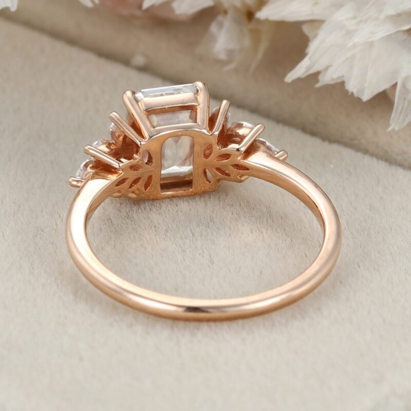 Emerald cut Moissanite engagement ring Unique Cluster engagement ring Rose gold Vintage Round diamond wedding ring Bridal Anniversary gift