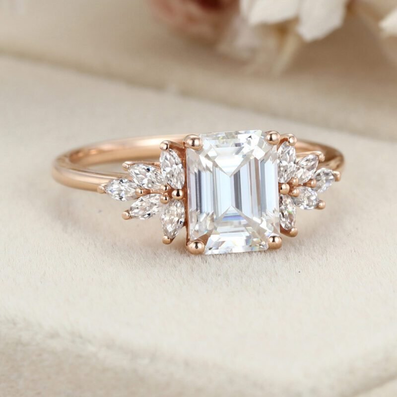 Emerald cut Moissanite engagement ring Unique Cluster engagement ring Rose gold Vintage Round diamond wedding ring Bridal Anniversary gift