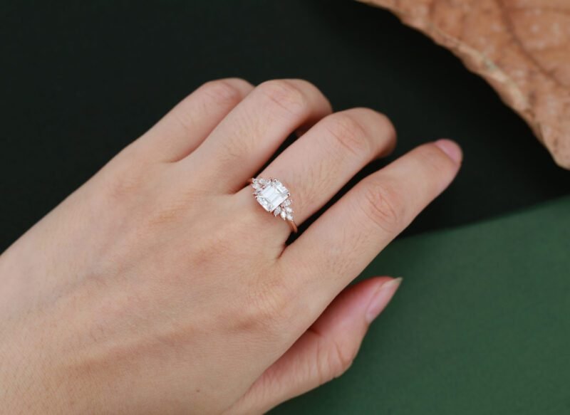 Emerald cut Moissanite engagement ring Unique Cluster engagement ring Rose gold Vintage Round diamond wedding ring Bridal Anniversary gift