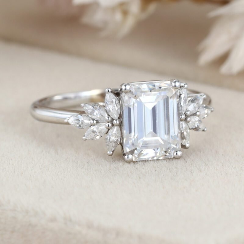 Emerald cut Moissanite engagement ring Unique Cluster engagement ring Vintage White Gold diamond wedding ring Bridal Anniversary gift