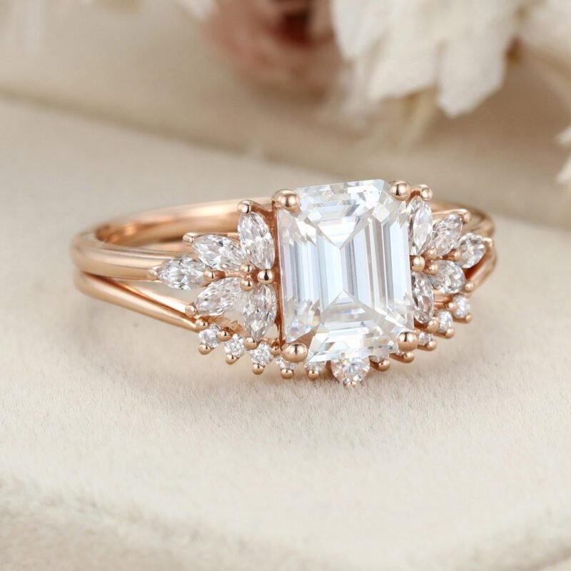 Emerald cut Moissanite engagement ring set vintage Cluster Rose gold engagement ring marquise Diamond wedding Bridal Promise gift for women