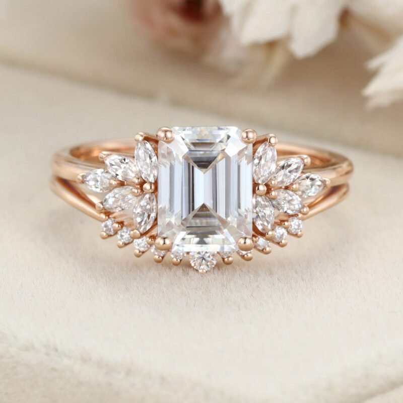 Emerald cut Moissanite engagement ring set vintage Cluster Rose gold engagement ring marquise Diamond wedding Bridal Promise gift for women