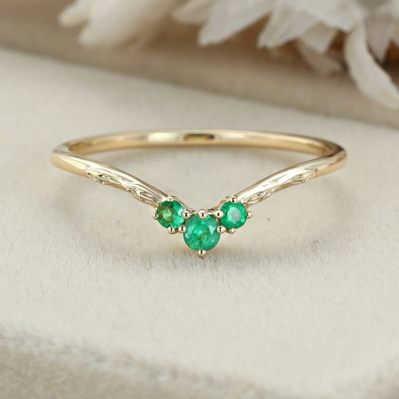 Emeralds Wedding Ring Curved Emerald Wedding Band Unique Green Wedding Ring to Match 14K Yellow gold Emerald ring