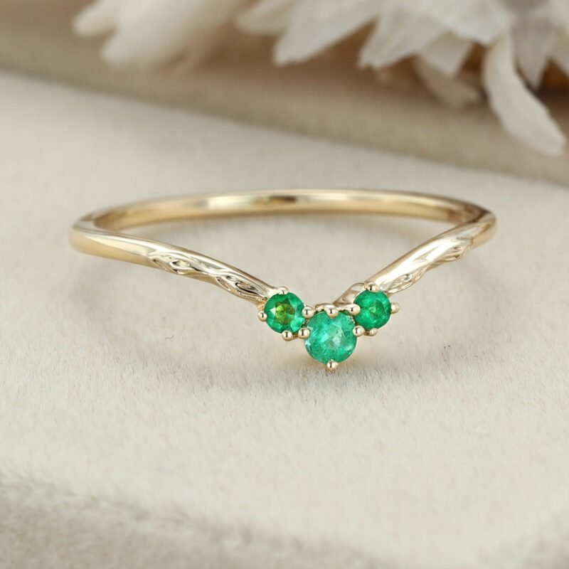 Emeralds Wedding Ring Curved Emerald Wedding Band Unique Green Wedding Ring to Match 14K Yellow gold Emerald ring