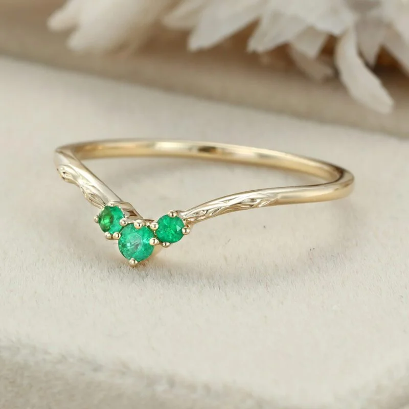 Emeralds Wedding Ring Curved Emerald Wedding Band Unique Green Wedding Ring to Match 14K Yellow gold Emerald ring