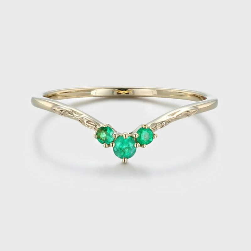 Emeralds Wedding Ring Curved Emerald Wedding Band Unique Green Wedding Ring to Match 14K Yellow gold Emerald ring