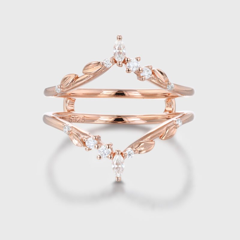 Enhancer Diamond Wedding Ring with Marquise-Cut Diamond, Rose Gold Leaf Floral Design, Personalized Women’s Jewelry for Weddings and Anniversaries.